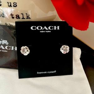 NWT Coach Tea Rose Stud Earrings, Silver w/ White Swarovski Crystals.